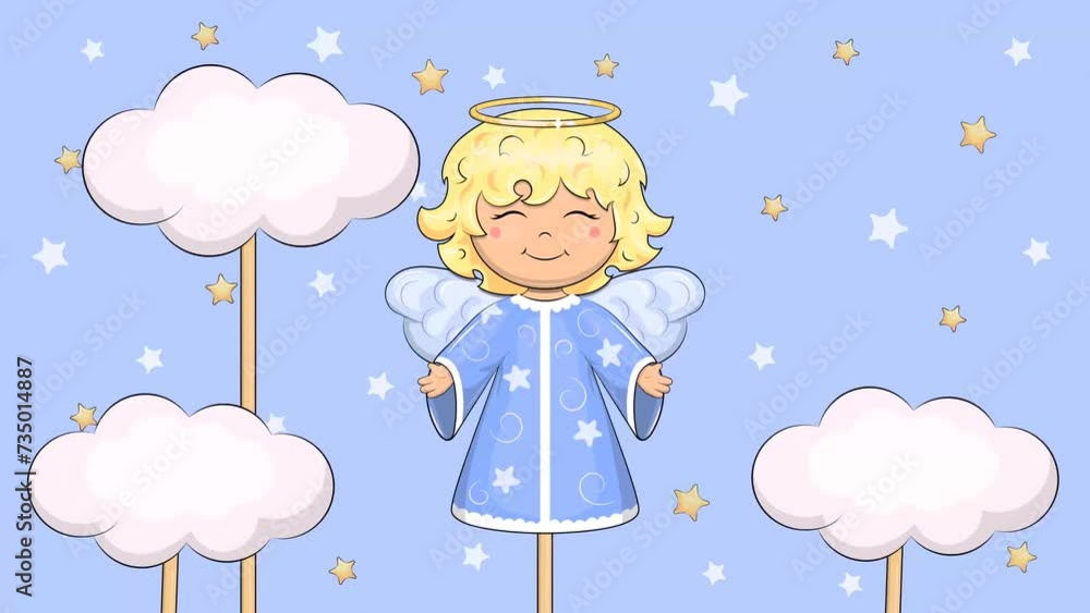 An angel in the blue sky with clouds and stars. Cute cartoon looped animation. Christmas or night background. An angel in the blue sky with clouds and stars. Cute cartoon looped animation. Christmas or night background.