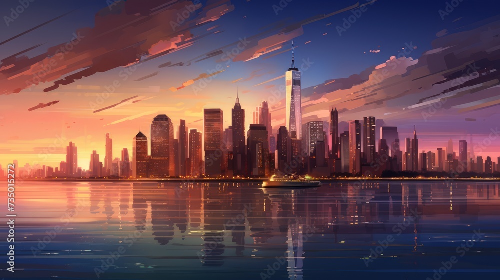 City Skyline Embraced by Sunset over the River