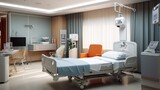 Illustration hospital interior in recovery or inpatient room with bed and amenities