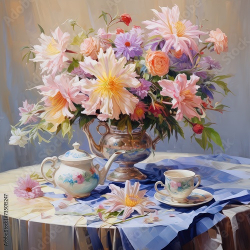 Blooming Bouquets and Tea Set illustration
