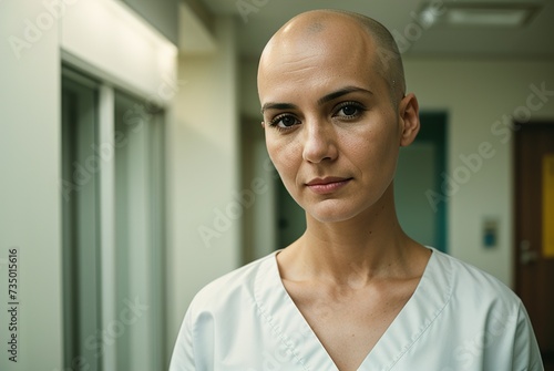 Portrait of a young bald woman in hospital clothes. A cancer patient after chemotherapy in the hospital. The concept of diseases and treatment in the hospital. An incurable disease. photo
