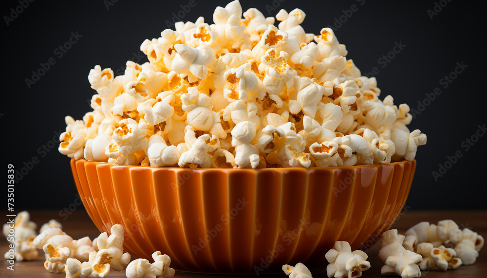 Freshness in a bowl, movie theater indulgence, popcorn spilling generated by AI Freshness in a bowl, movie theater indulgence, popcorn spilling generated by AI