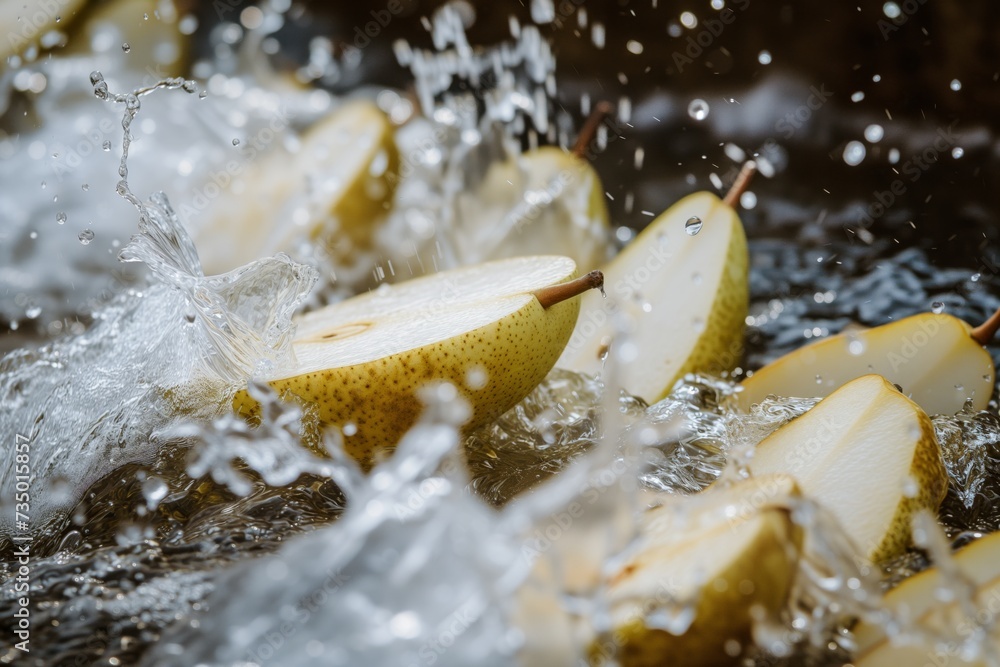 pear slices splashing into a fountain stream pear slices splashing into a fountain stream