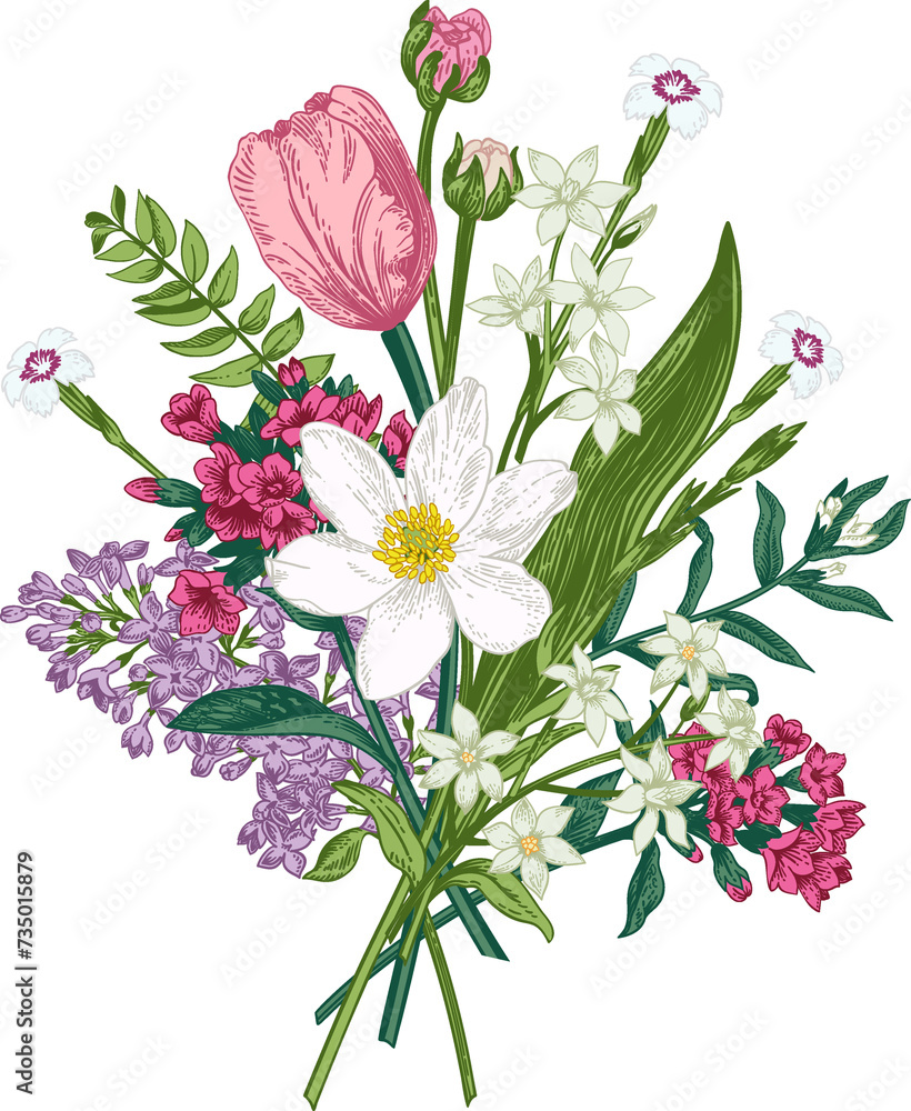 Floral blooming bouquet. Thank you card. Botanical illustration. Colorful. Engraving style.