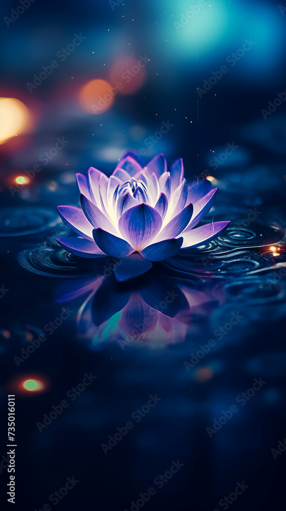 Stylized lotus flower radiates a purple and blue glow, sitting on water with reflected lights, suggesting a serene night ambiance