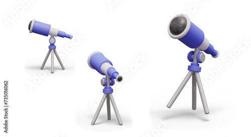 Realistic telescope on tripod, view from different sides. Device for observing celestial bodies