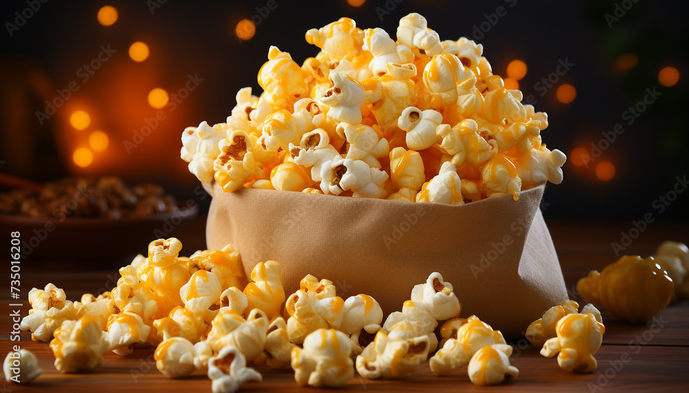 Sweet corn snack on wooden table in movie theater generated by AI Sweet corn snack on wooden table in movie theater generated by AI