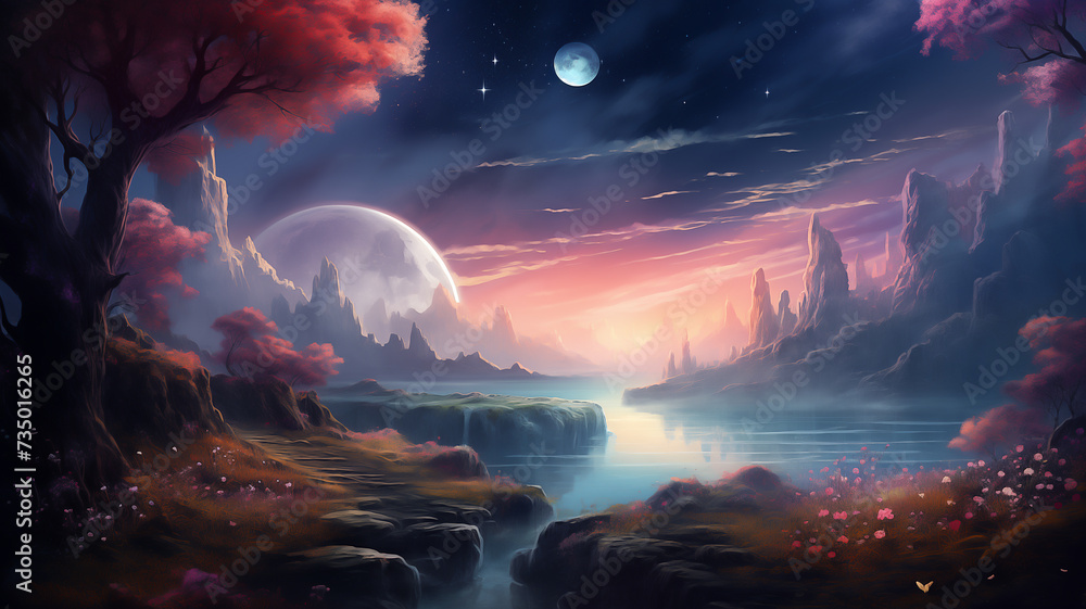 moon and trees on the edge, in the style of surreal dreamlike landscapes, naturalistic landscape backgrounds, Fantastic magical fairy tale landscape with moon