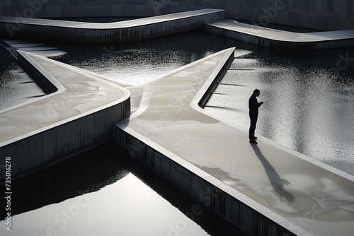 architect inspecting the symmetrical overflow channels of an empty pool photo