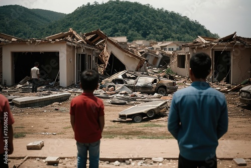 People stand with their backs to the camera and look at the houses destroyed after the hurricane. The tornado destroyed a street with houses and buildings. Destruction after the war.