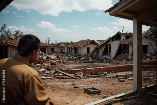 A man stands against the background of a city destroyed after a strong hurricane, destroyed houses, roads, cars. Destruction after the war. The view from the back. Silhouette. 