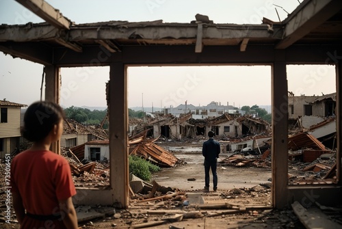 People stand with their backs to the camera and look at the houses destroyed after the hurricane. The tornado destroyed a street with houses and buildings. Destruction after the war.