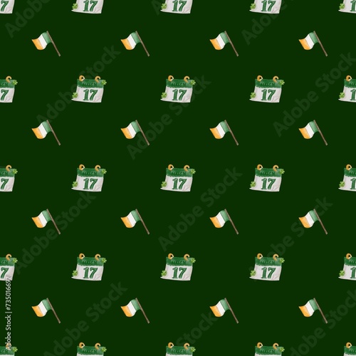 St.Patrick's Day seamless pattern with watercolor calendar and flag of ireland on green background, Perfect for wallpapers, gift papers, patterns fills, textile, St. Patrick's Day greeting cards