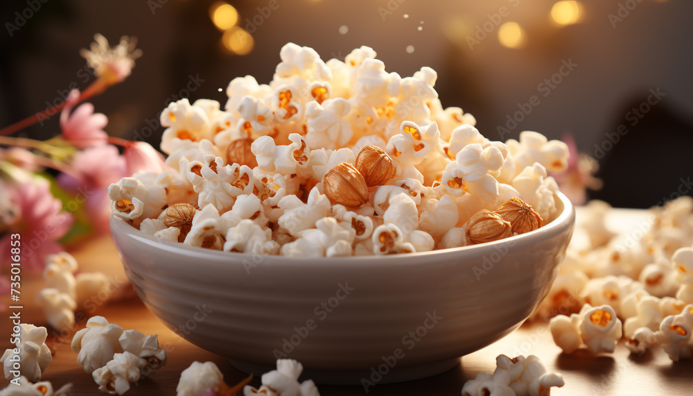 Fresh gourmet snack, sweet corn in a fluffy yellow bowl generated by AI