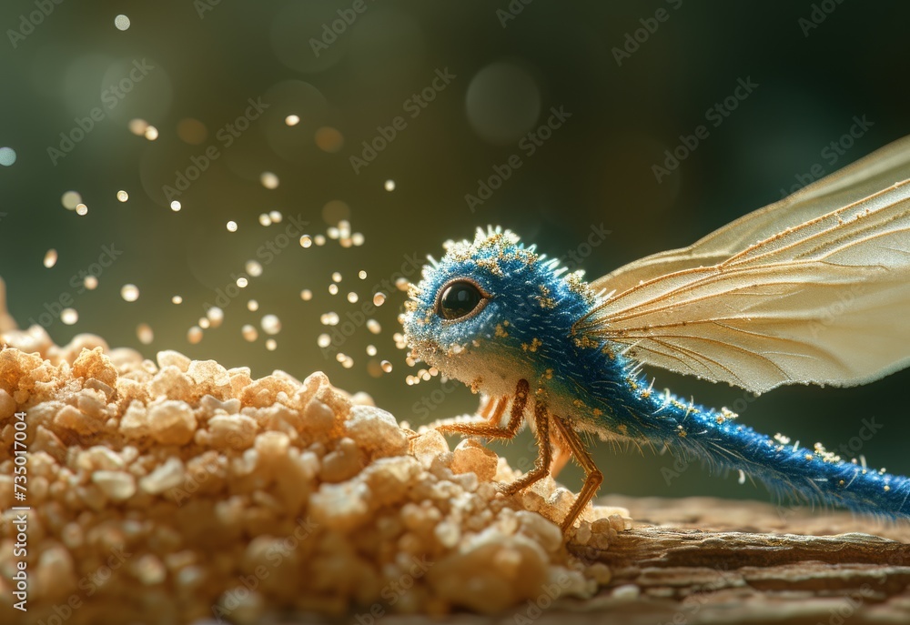Fototapeta premium Small Blue and Yellow Insect on Wood