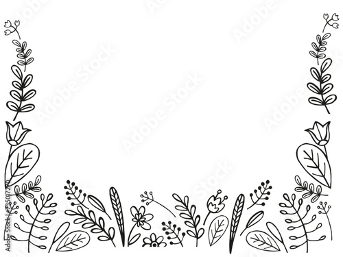 hand drawn frame from vector plants  brunch of flowers  sketch of leaves  flowers  buds  herbs  grass  inked silhouette of leaves  monochrome illustration isolated on white background