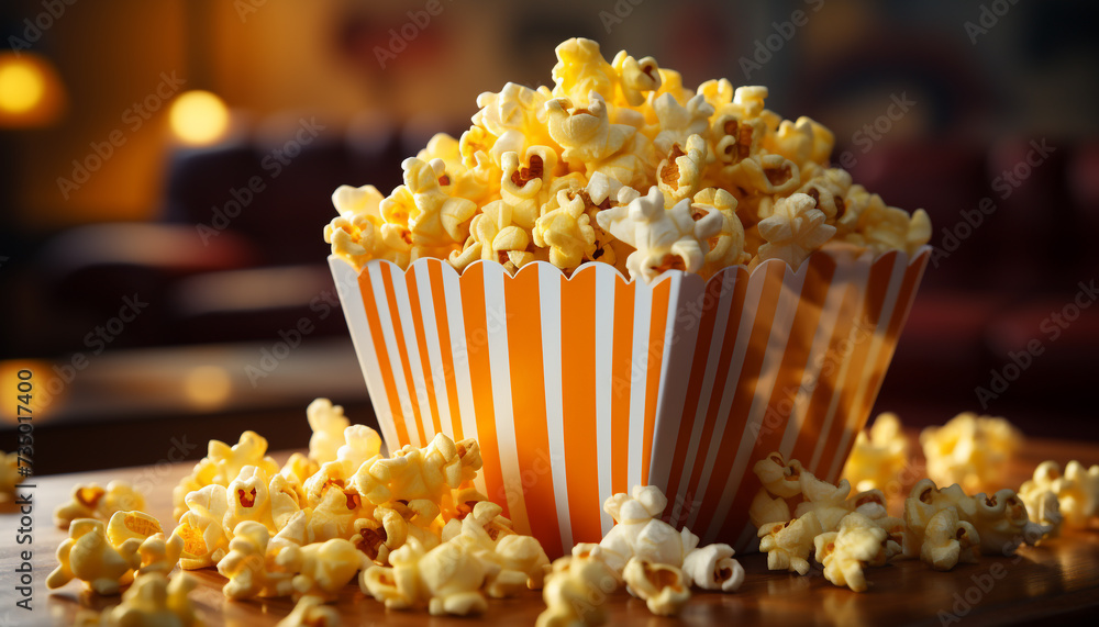 Watching a movie, snacking on popcorn in a yellow bucket generated by AI Watching a movie, snacking on popcorn in a yellow bucket generated by AI