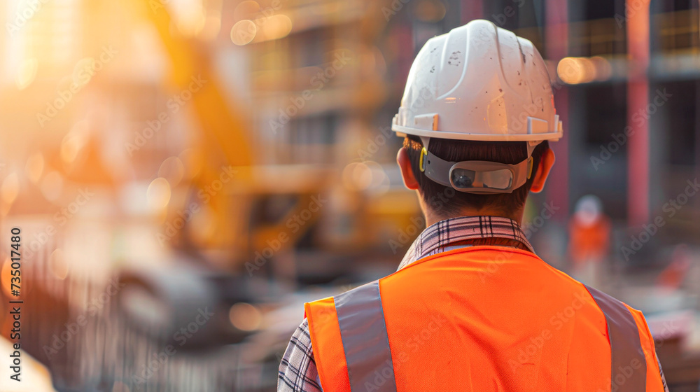 Rear view of a construction worker in a hard hat and reflective vest observing a construction site during sunset. Rear view of a construction worker in a hard hat and reflective vest observing a construction site during sunset.