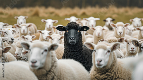 A standout black sheep amidst a flock of white sheep, gazing directly at the camera.
