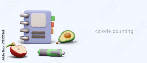 3D concept of counting calories. Food diary. Mockup notebook with blank cover, pen, avocado, apple