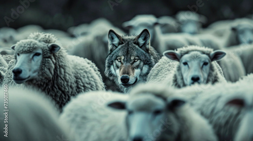 A single wolf stands out amid a flock of sheep, all looking toward the camera with a sense of alertness.