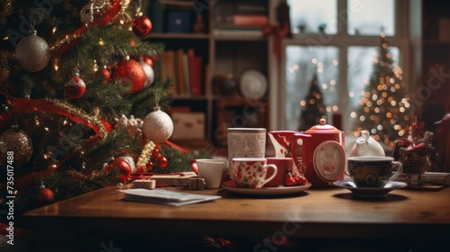 Wooden Table Displaying Cups and Saucers