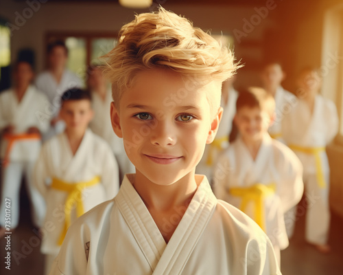 Stolze Karate-Kids zeigen ihre neuen Gürtel nach der Prüfung
