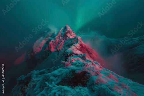 A majestic volcano stands tall against the snowy landscape, its fiery lava glowing with a vibrant green and pink light, a powerful display of nature's raw beauty