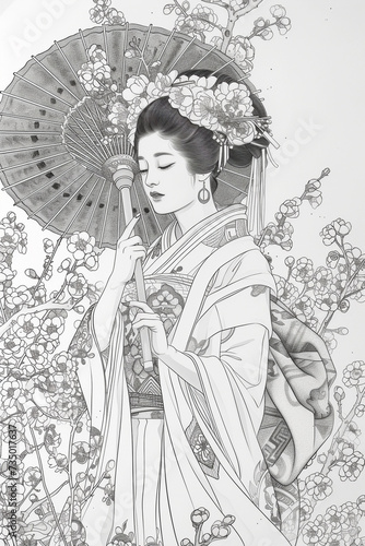 Outline drawing geisha, feminine look, eyes down.  © allasimacheva