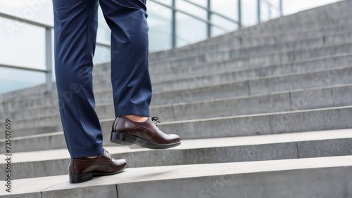 A close-up side view capturing the legs and shoes of a business person walking up a flight of steps by ai generated