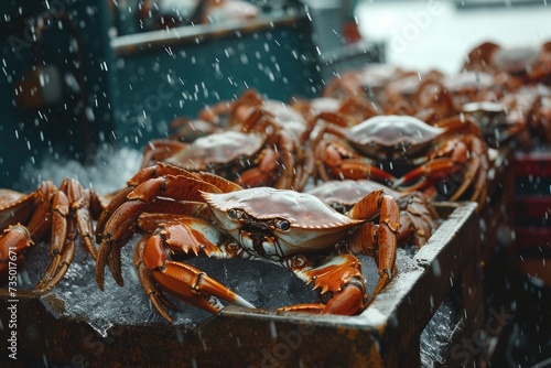 Off loading crabs. Northern ocean fishery, fishing industry.