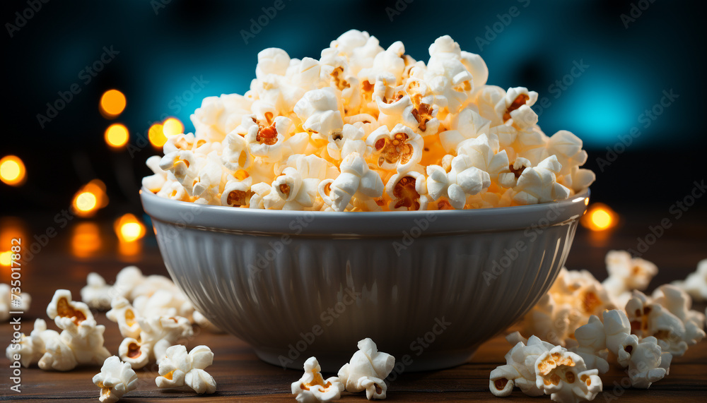 Fresh popcorn in a yellow bowl, perfect movie snack generated by AI Fresh popcorn in a yellow bowl, perfect movie snack generated by AI