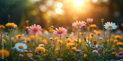 In a summer meadow  bright flowers paint the landscape in shades of yellow  pink and white.
