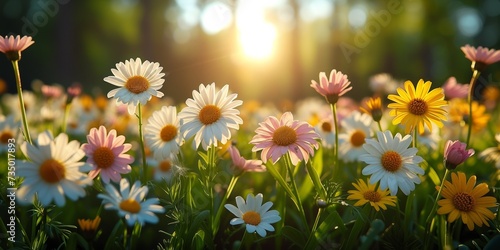 Under the summer sun, daisies bloom in a bright meadow, painting the landscape in vibrant shades of yellow and white.