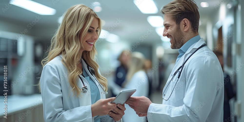 Fototapeta premium Two healthcare workers, a doctor and a nurse, discuss patient care using a stethoscope and a digital tablet.