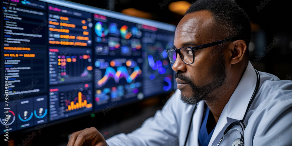 Professional businessman doctor working in modern office analyzing financial data on computer screens for stock exchange. Professional businessman doctor working in modern office analyzing financial data on computer screens for stock exchange.