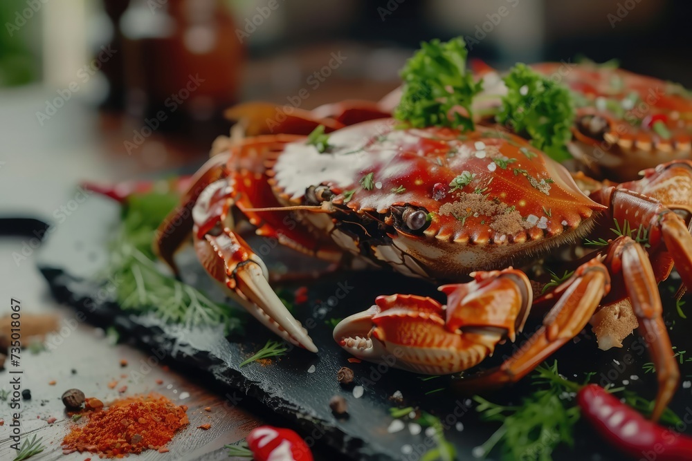 Cooked crabs with spices and herbs on slate table. Sea food Cooked crabs with spices and herbs on slate table. Sea food