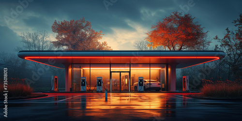 Night at the gas station: cars refuel under a sunset sky reflecting modern transport.