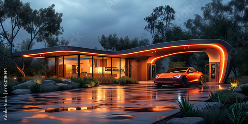 A luxurious, modern gas station with an elegant appearance, combining style and technology.