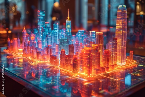 a hologram of the buildings of a large city on the table. The concept of a smart city © Александр Лобач