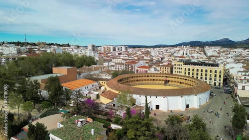 Aerial view of Ronda Plaza de Toros and medieval cityscape. This is the major white town of Andalusia, Spain photo