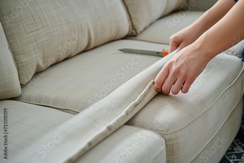 person stretching fabric over sofa frame with tool © primopiano