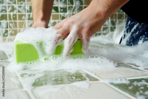 man scrubbing kitchen tiles with green sponge, soap bubbles evident