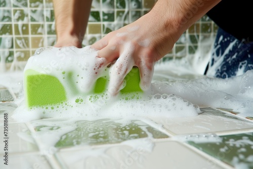 man scrubbing kitchen tiles with green sponge, soap bubbles evident photo