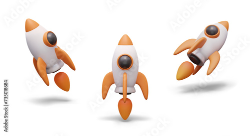 Realistic rocket takes off with fire. Spaceship launch. Set of isolated objects on white background