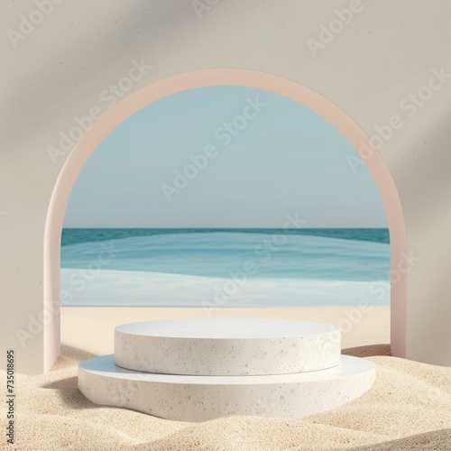 product podium on minimalist beach sand, for product display presentation.