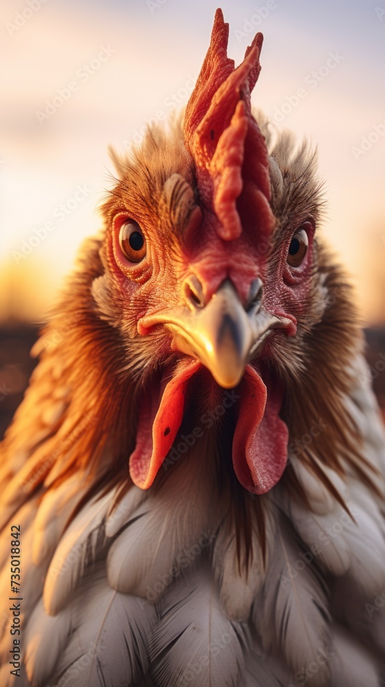 Close-up portrait of a beautiful chicken at sunset.