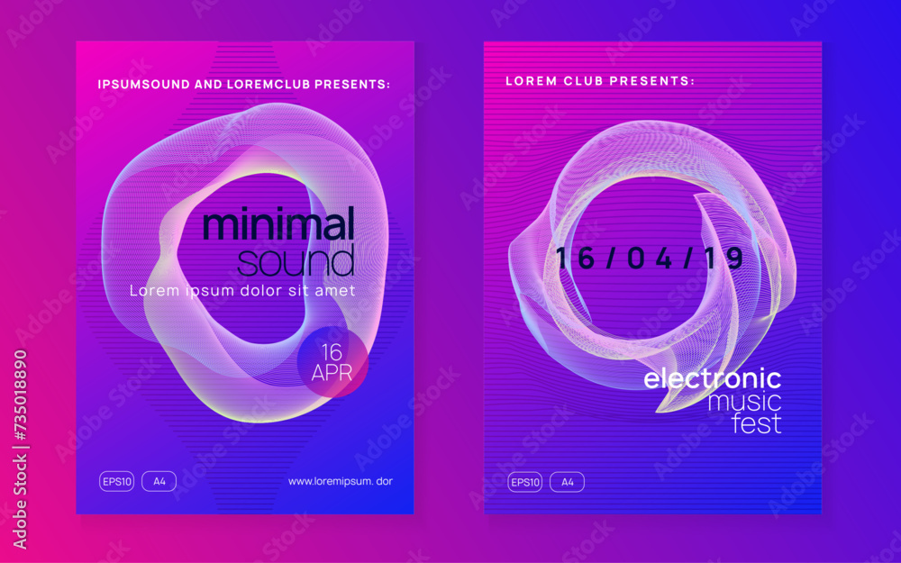 Sound flyer. Commercial concert cover set. Dynamic gradient shape and line. Neon sound flyer. Electro dance music. Electronic fest event. Club dj poster. Techno trance party. Sound flyer. Commercial concert cover set. Dynamic gradient shape and line. Neon sound flyer. Electro dance music. Electronic fest event. Club dj poster. Techno trance party.