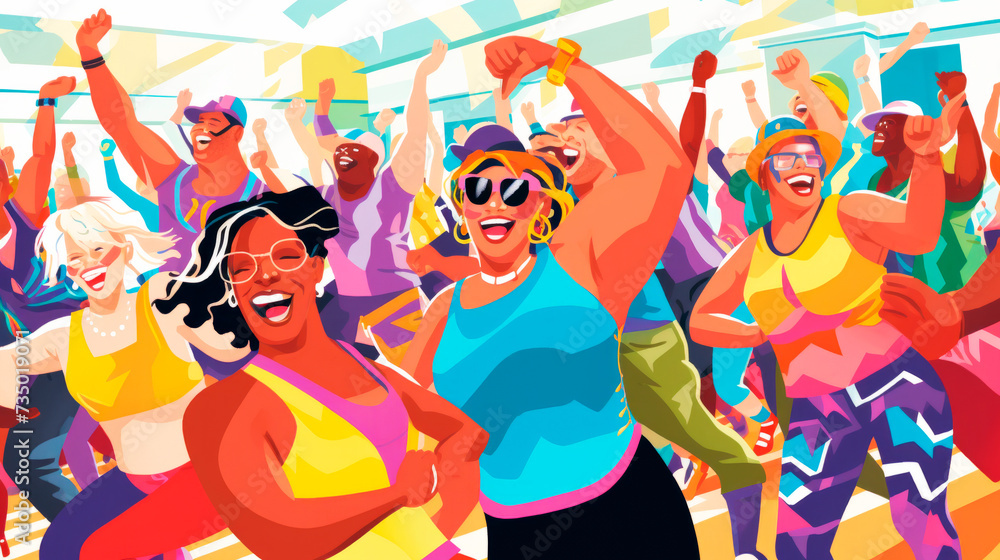 Colorful illustration of diverse people dancing joyfully at a party, full of energy and happiness, celebrating life and community. Colorful illustration of diverse people dancing joyfully at a party, full of energy and happiness, celebrating life and community.