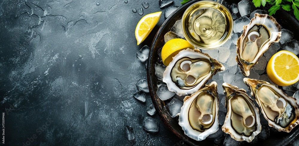 Oysters on ice with lemon and a glass of wine. The concept of seafood delicacies and gastronomic pleasure. - obrazy, fototapety, plakaty 